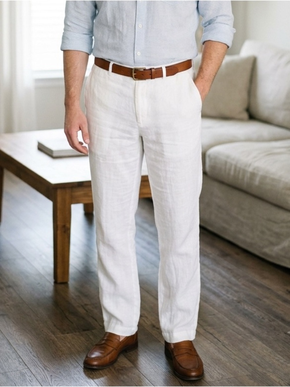 Club Room Luxury 100% Linen Pants Mens Large Natural Khaki Drawstring 36x32